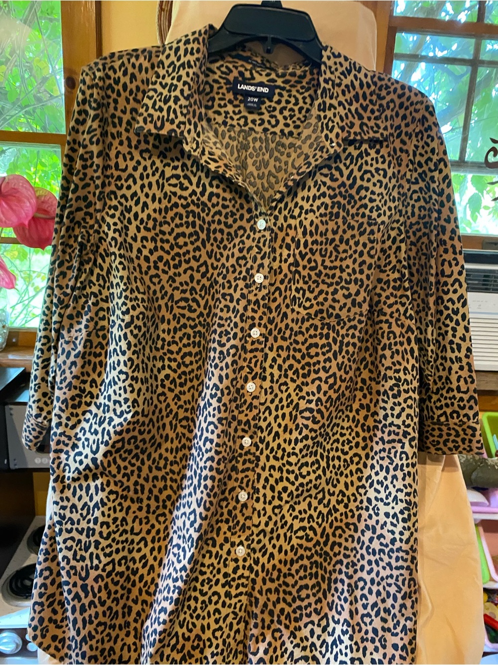 Lands' End womans Leopard Print Button-Down Shirt - Brown and Black